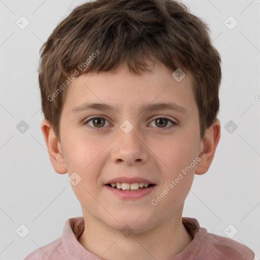 Joyful white child male with short  brown hair and brown eyes