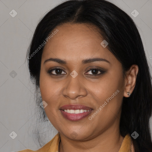 Joyful black young-adult female with medium  brown hair and brown eyes