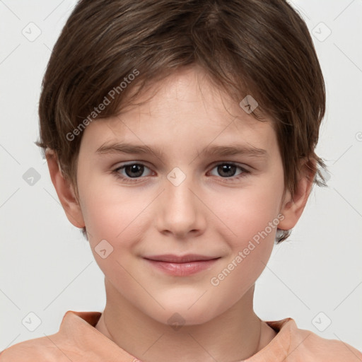 Joyful white child female with short  brown hair and brown eyes