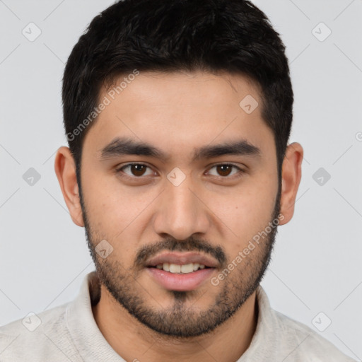 Neutral asian young-adult male with short  black hair and brown eyes