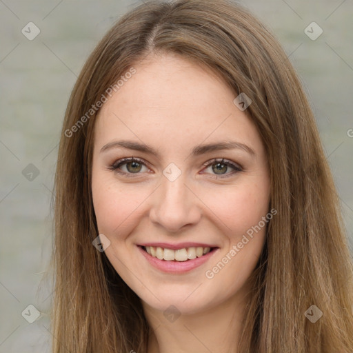 Joyful white young-adult female with long  brown hair and green eyes