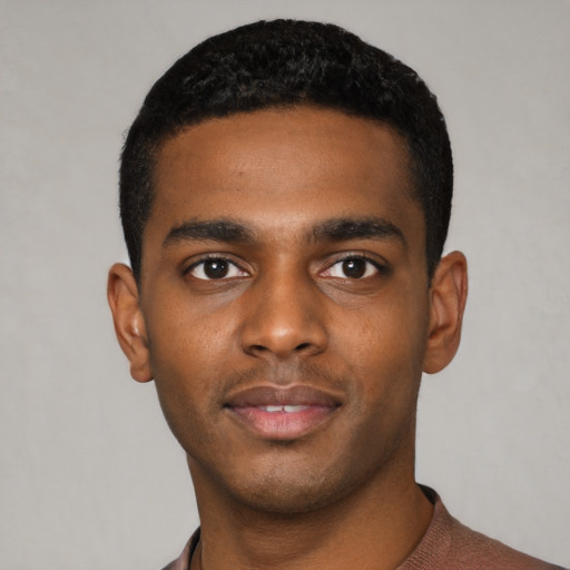 Neutral black young-adult male with short  black hair and brown eyes