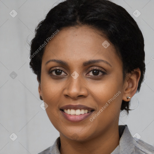 Joyful latino young-adult female with medium  black hair and brown eyes