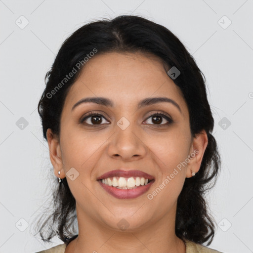 Joyful latino young-adult female with medium  black hair and brown eyes