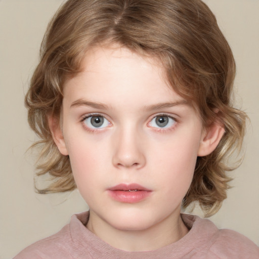 Neutral white child female with medium  brown hair and grey eyes