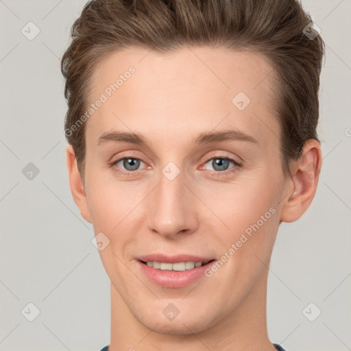 Joyful white young-adult female with short  brown hair and grey eyes