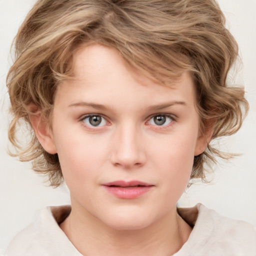 Neutral white child female with medium  brown hair and blue eyes