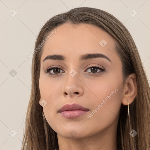 Neutral white young-adult female with long  brown hair and brown eyes