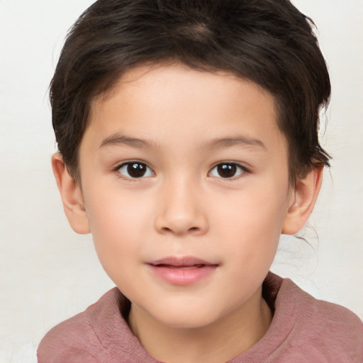 Joyful white child female with short  brown hair and brown eyes