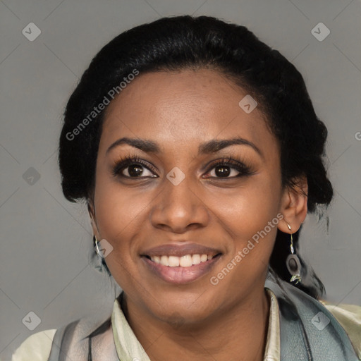 Joyful latino young-adult female with medium  black hair and brown eyes