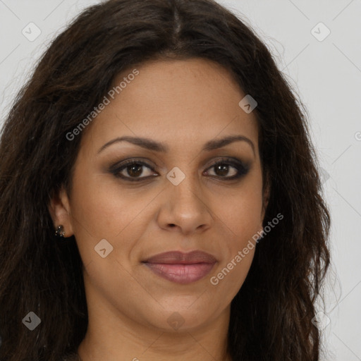 Joyful latino young-adult female with long  brown hair and brown eyes