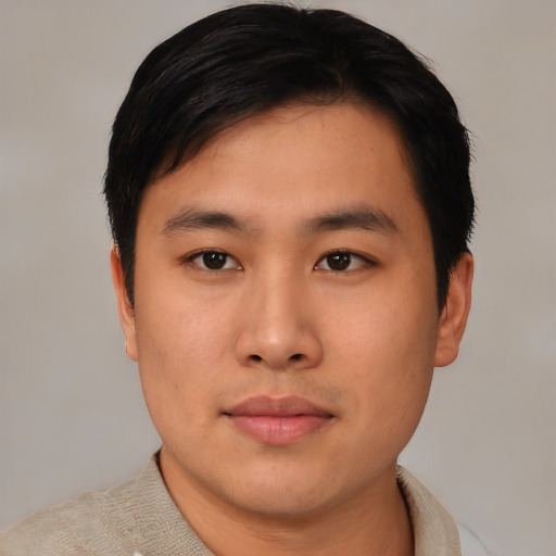 Neutral asian young-adult male with short  black hair and brown eyes