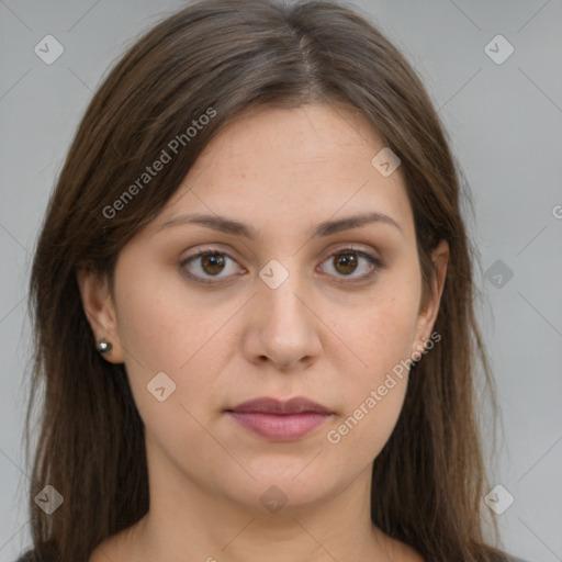 Neutral white young-adult female with long  brown hair and brown eyes