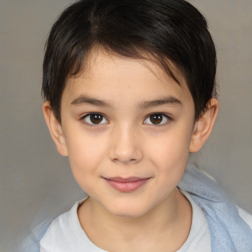 Joyful white child female with medium  brown hair and brown eyes