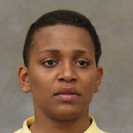 Neutral black young-adult female with short  brown hair and brown eyes