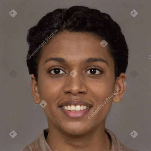 Joyful latino young-adult female with short  brown hair and brown eyes