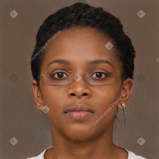 Neutral black young-adult female with short  brown hair and brown eyes