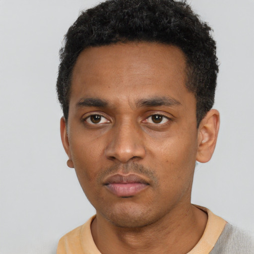 Neutral black young-adult male with short  black hair and brown eyes