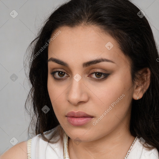 Neutral white young-adult female with long  brown hair and brown eyes