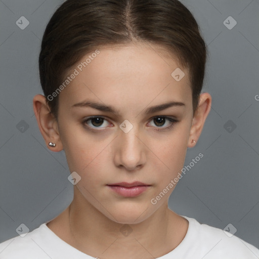 Neutral white young-adult female with short  brown hair and brown eyes