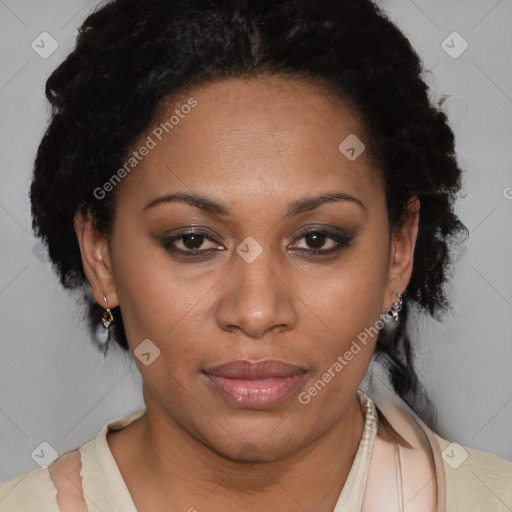 Joyful latino adult female with short  brown hair and brown eyes