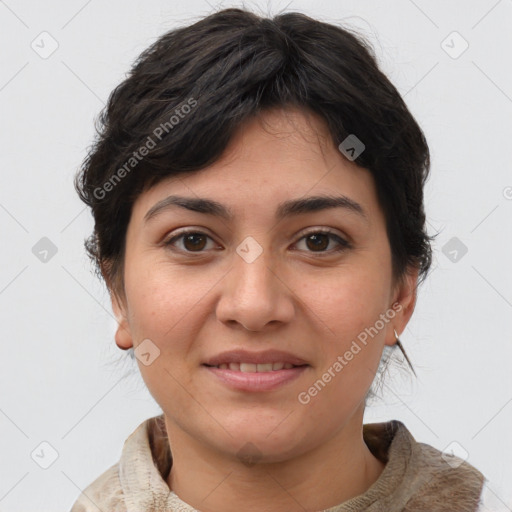 Joyful latino young-adult female with medium  brown hair and brown eyes