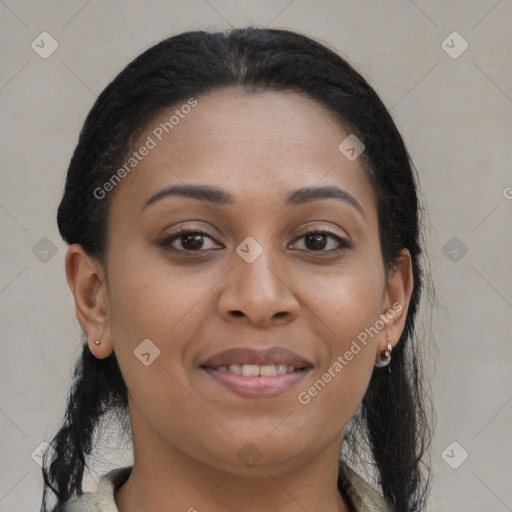 Joyful latino young-adult female with medium  brown hair and brown eyes