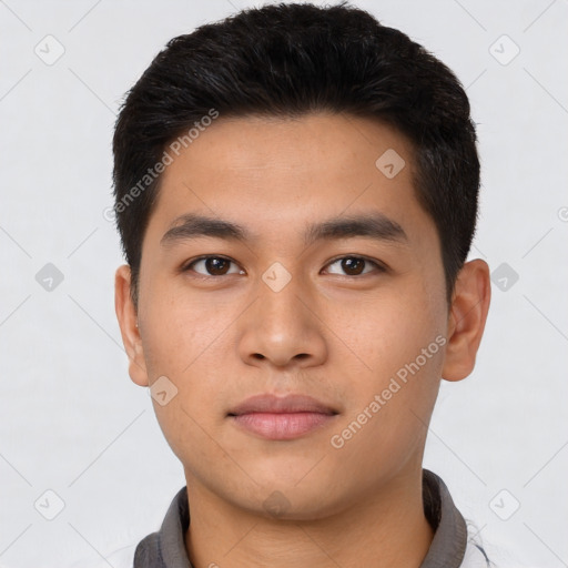 Neutral asian young-adult male with short  black hair and brown eyes