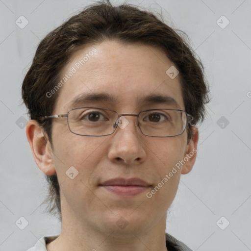 Joyful white adult male with short  brown hair and grey eyes