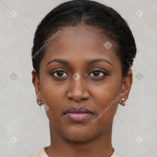 Neutral black young-adult female with short  brown hair and brown eyes