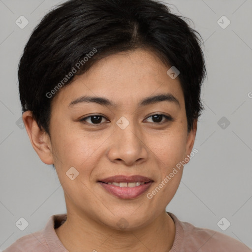 Joyful asian young-adult female with short  brown hair and brown eyes