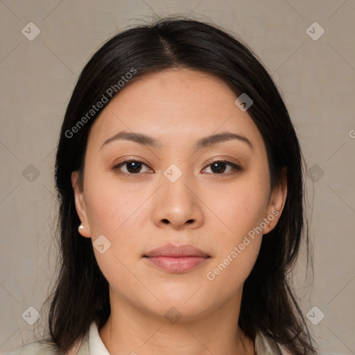 Neutral asian young-adult female with medium  brown hair and brown eyes