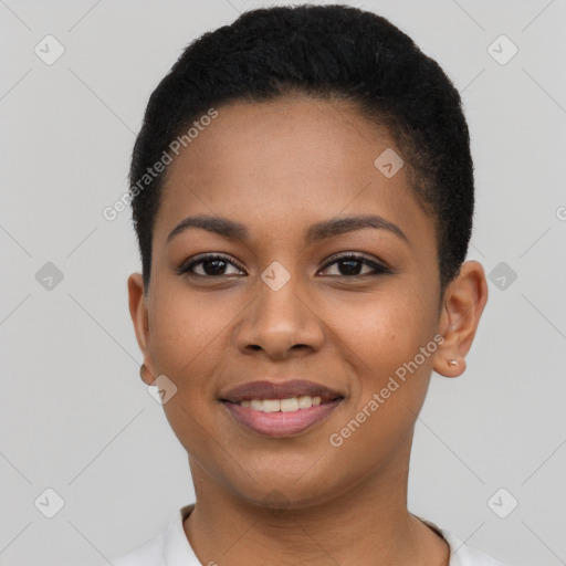 Joyful latino young-adult female with short  black hair and brown eyes