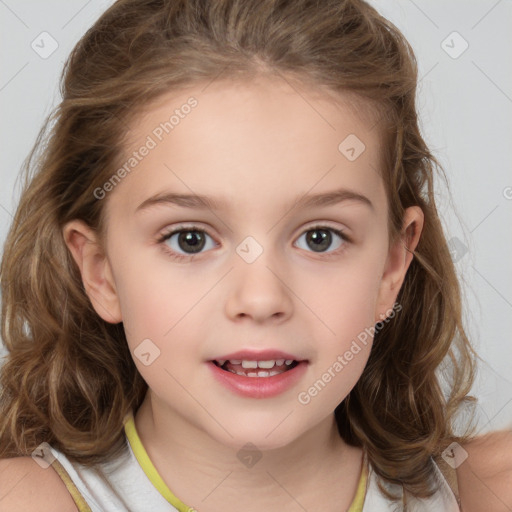 Joyful white child female with medium  brown hair and brown eyes