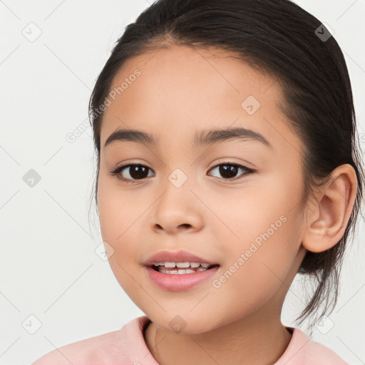 Joyful white child female with medium  brown hair and brown eyes