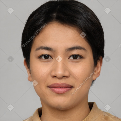 Joyful asian young-adult female with short  brown hair and brown eyes