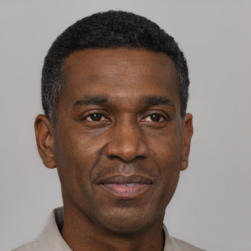 Neutral black adult male with short  black hair and brown eyes