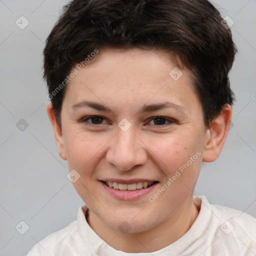 Joyful white young-adult female with short  brown hair and brown eyes