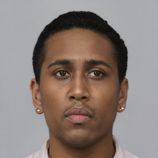 Neutral black young-adult male with short  black hair and brown eyes