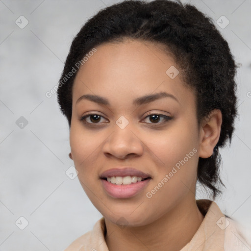 Joyful latino young-adult female with short  black hair and brown eyes