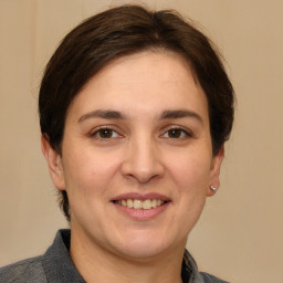 Joyful white young-adult female with medium  brown hair and brown eyes