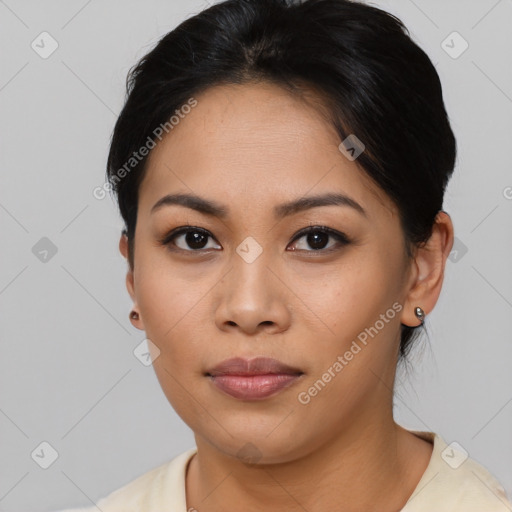 Neutral asian young-adult female with short  black hair and brown eyes