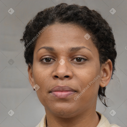 Neutral black young-adult female with short  brown hair and brown eyes