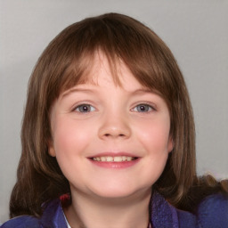 Joyful white child female with medium  brown hair and grey eyes