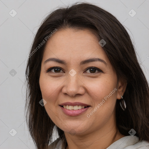 Joyful white adult female with medium  brown hair and brown eyes