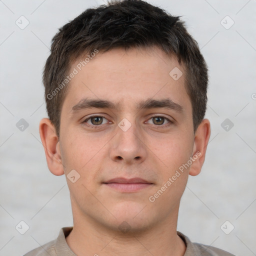 Neutral white young-adult male with short  brown hair and brown eyes