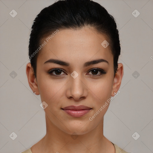 Joyful latino young-adult female with short  brown hair and brown eyes