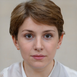 Neutral white young-adult female with short  brown hair and brown eyes