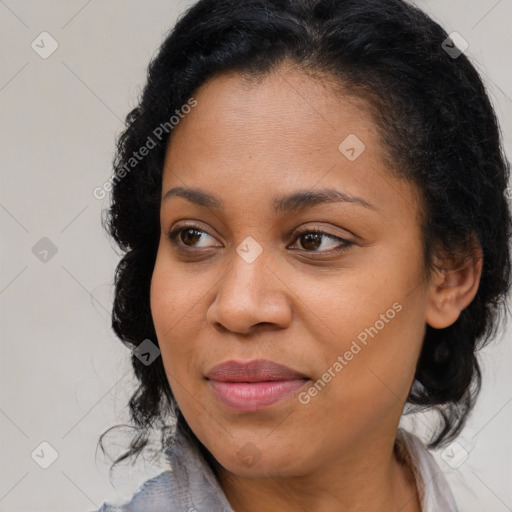 Joyful black young-adult female with medium  brown hair and brown eyes