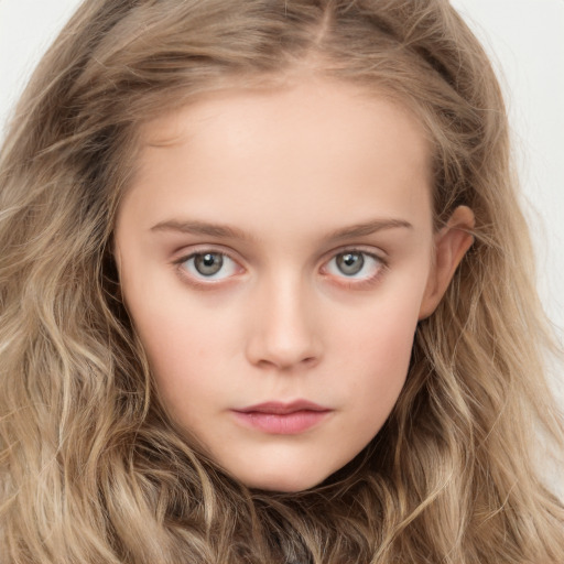 Neutral white child female with long  brown hair and grey eyes